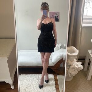 VINTAGE WINDSOR BLACK VELVET VELOUR DRESS SILVER GLITTER SPARKLE CORSET BACK